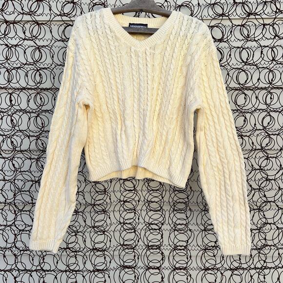 Vintage 80s Absolutely Creative Cotton Butter Cream Yellow Fisherman Sweater MED - Picture 1 of 4